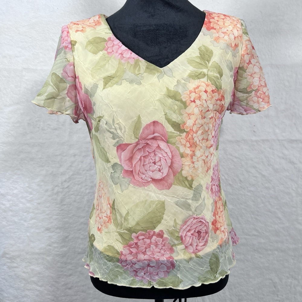 Floral Blouse K & Company Size 10p Romantic Butter Yellow Sheer Lined Y2K Whimsy